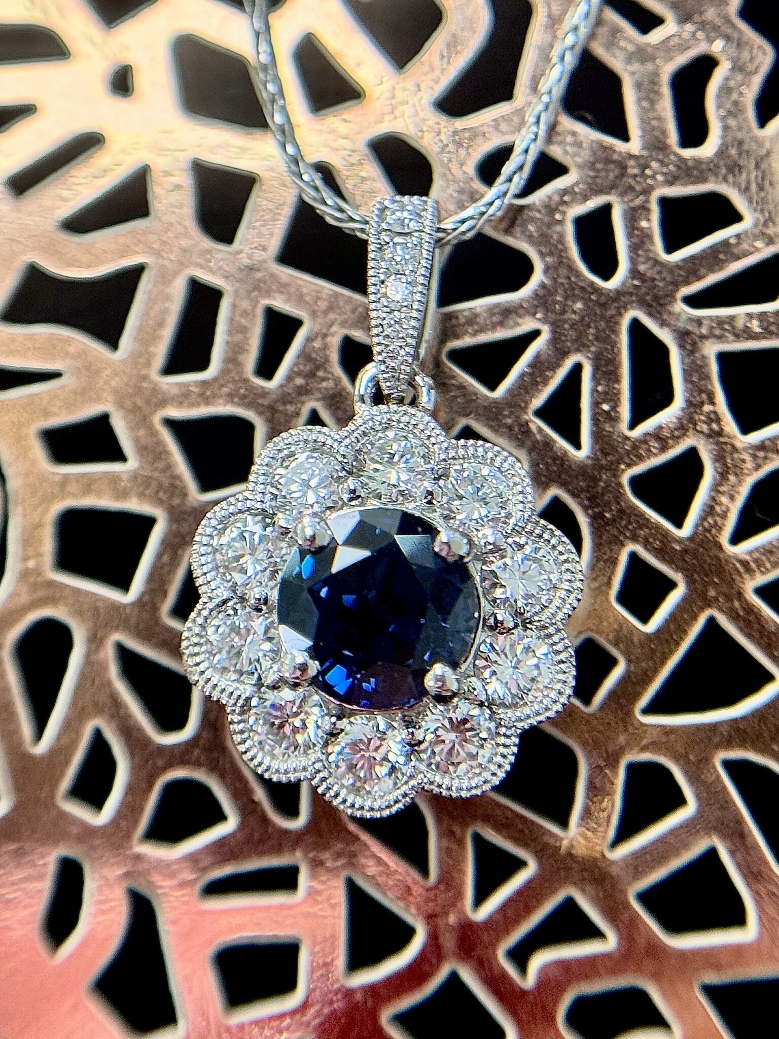 18KW Natural Sapphire Halo Pendant