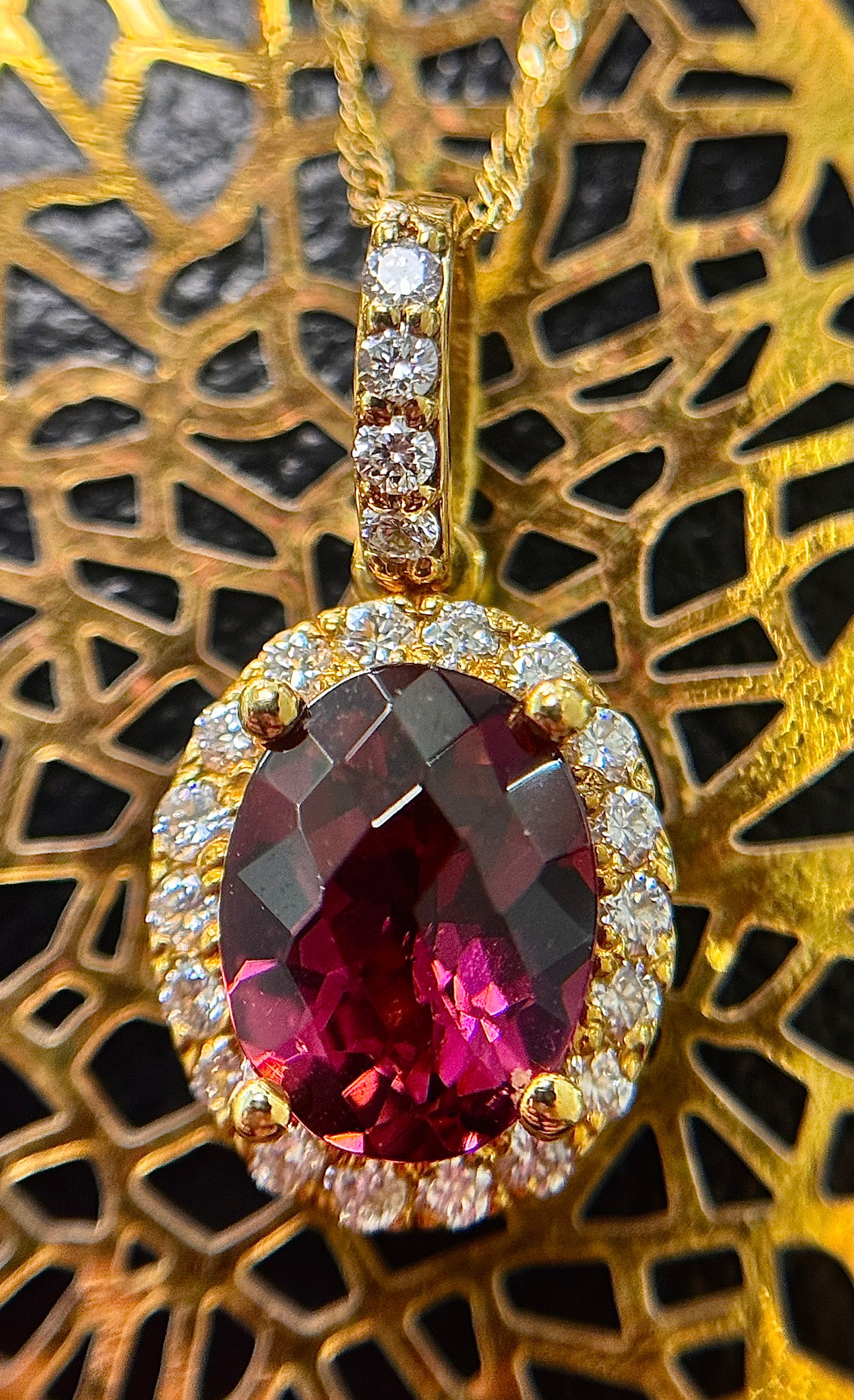 18KY Rubellite and diamond Halo Pendant 1.87tw/.33tw