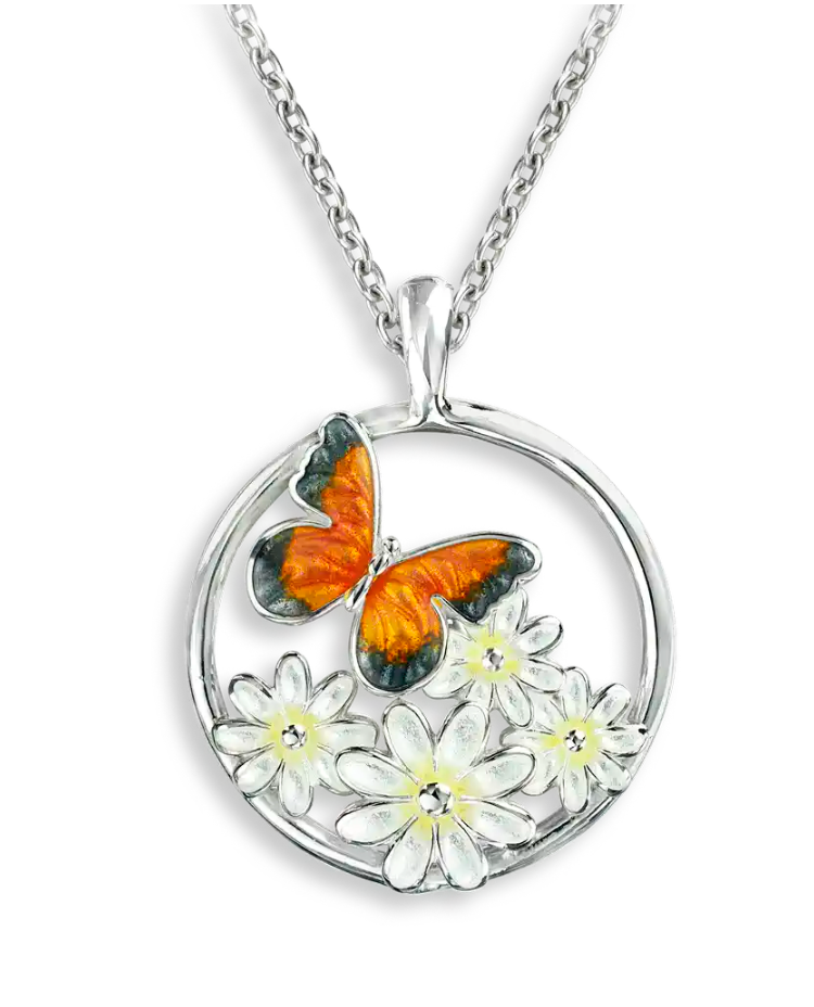 .925 Orange Butterfly With Daisies Necklace