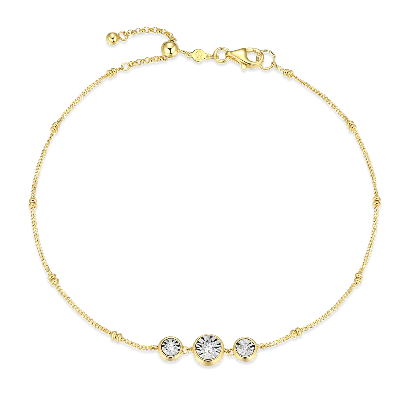 Monte Luna Trio Bezel-Set Lab-Created Diamond Beaded Bolo Anklet in 14K Yellow Gold-Plated Sterling Silver