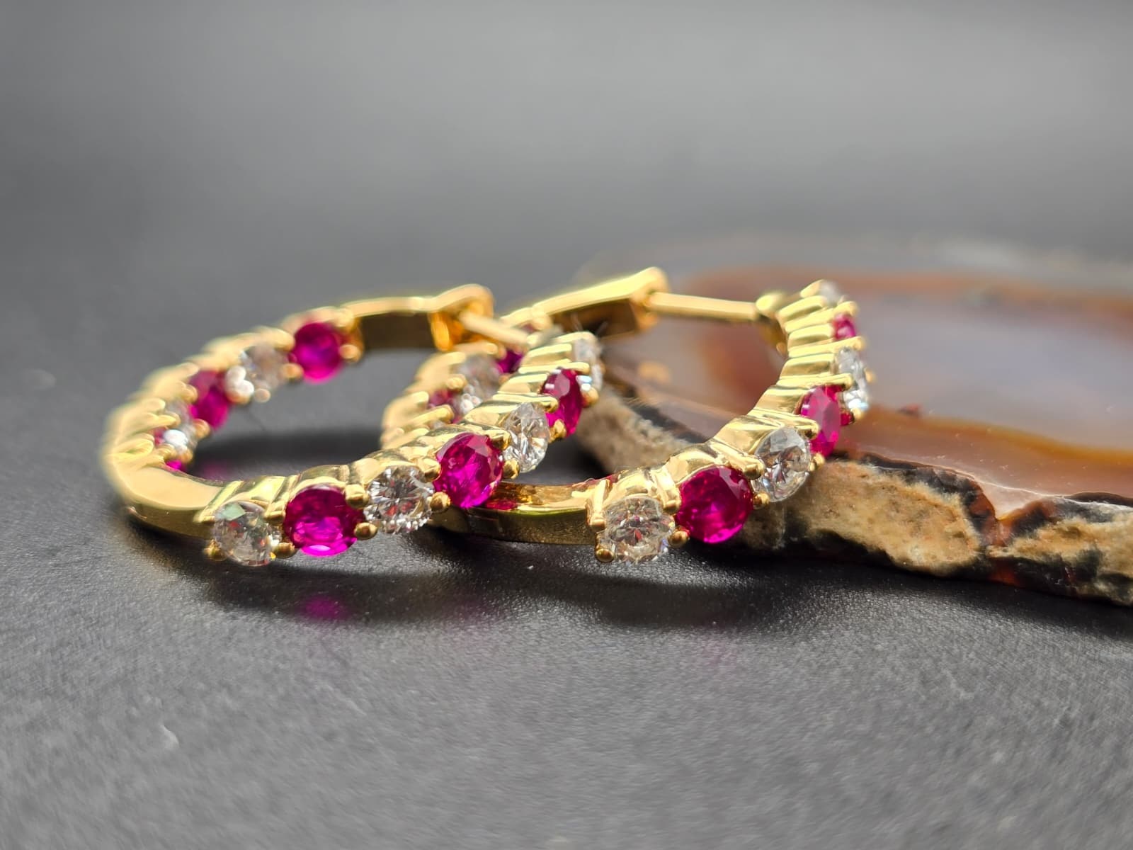 Yellow Plated .925 LG Dia and ruby Hoop Earrings 1.50cttw