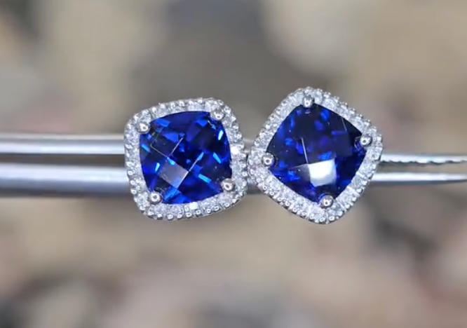 14KW LG Sapphire & Diamond Halo Studs 14KW LG Sapphire & Diamond Halo Studs