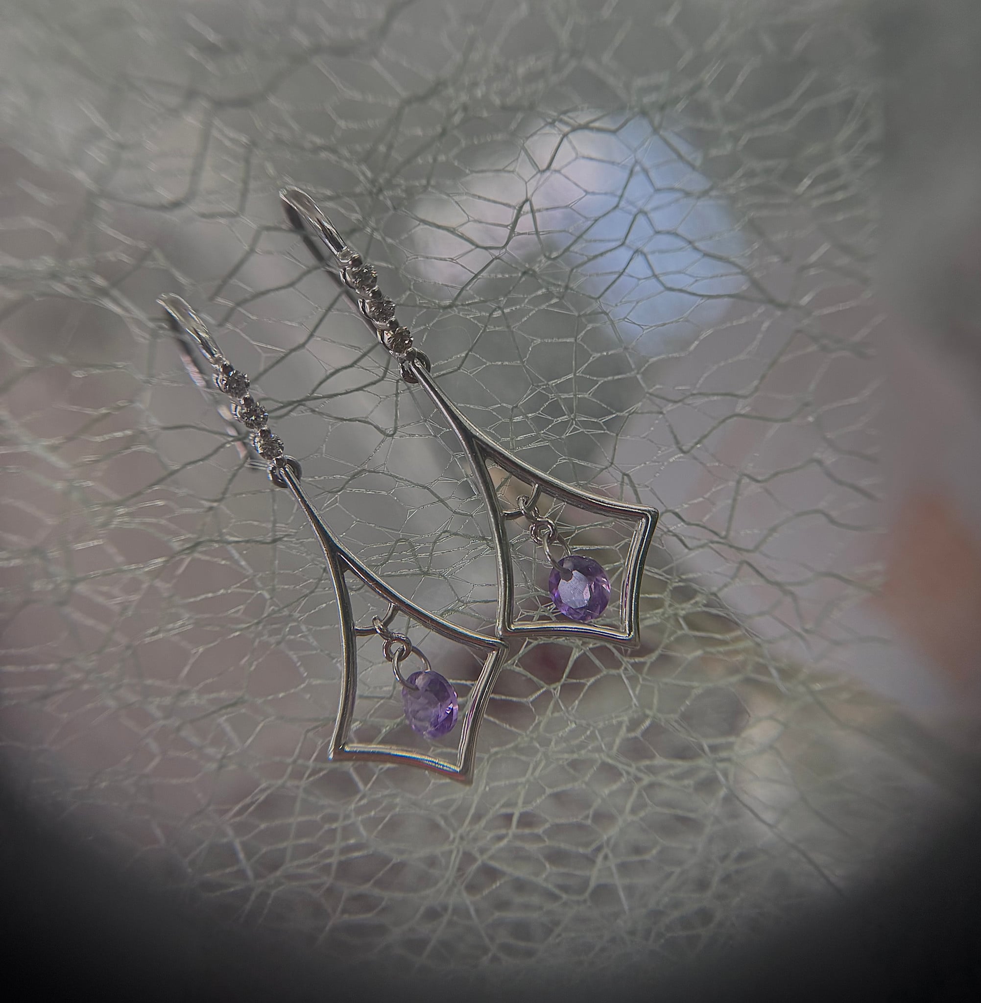 14KW Amethyst & Natural Diamond Dangle Earrings