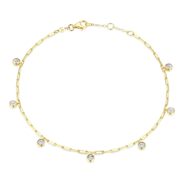 Monte Luna .925 Dangle Station Lab-Created Diamond Mini Paperclip Anklet in 14K Yellow Gold-Plated