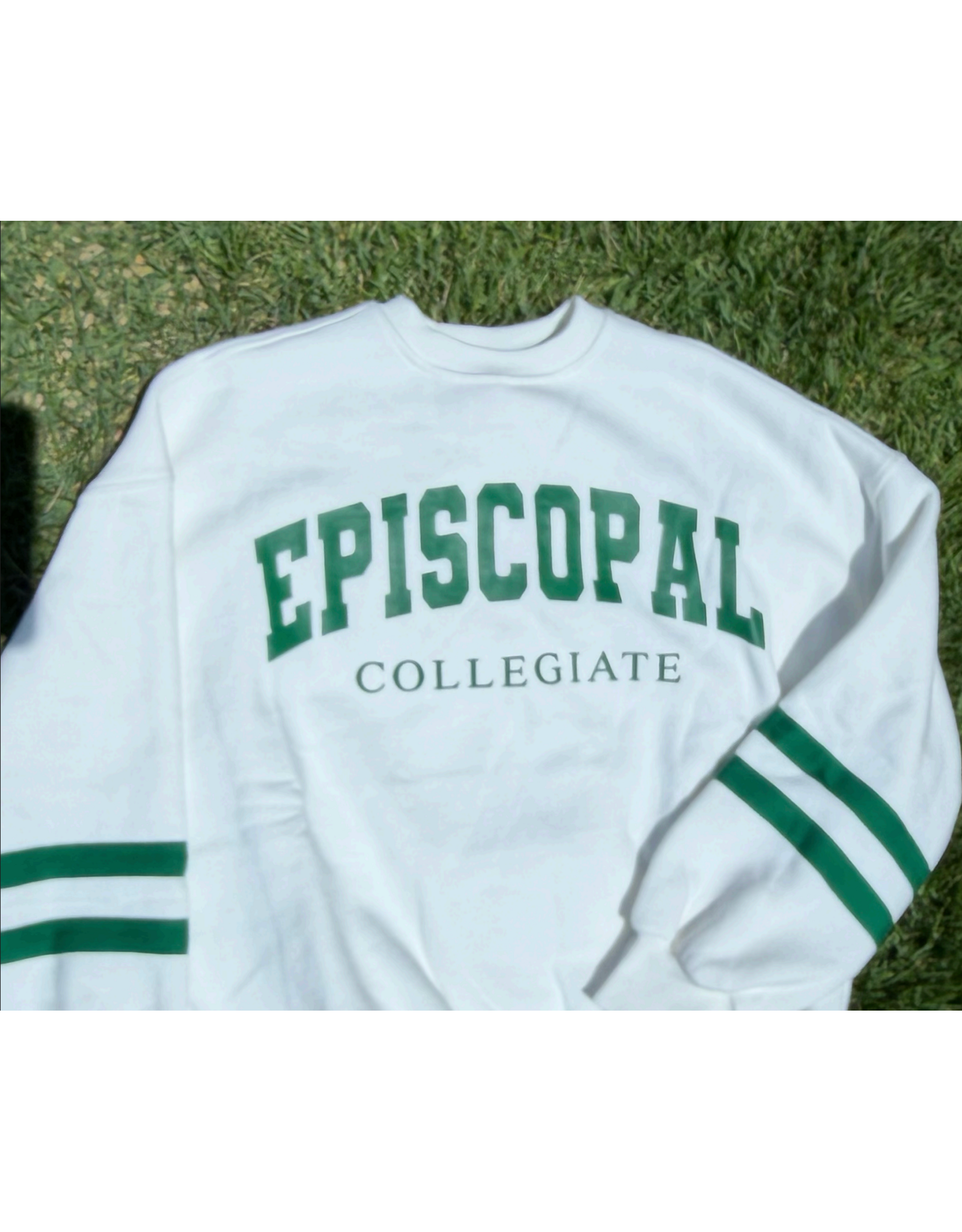 White Episcopal sweatshirt with green stripes