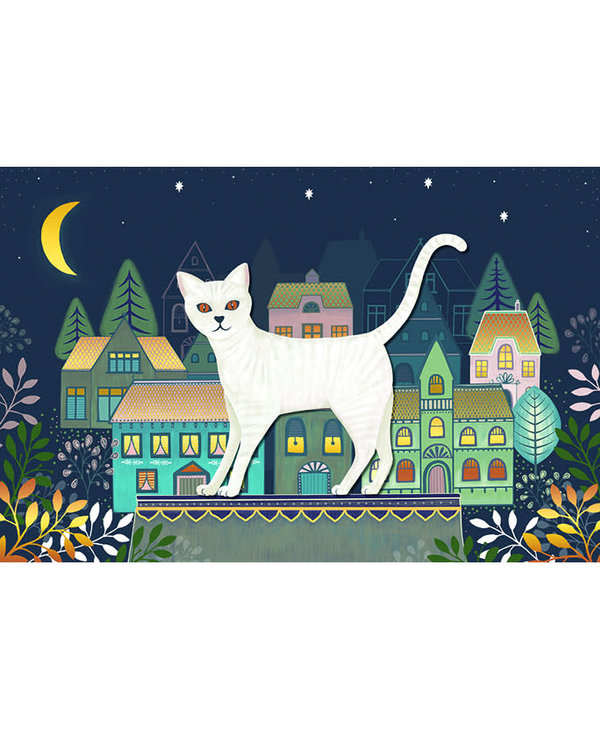 Carte de souhait chat blanc et maisons