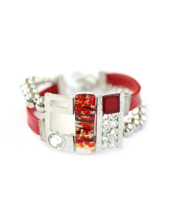 Bracelet cuir et stainless rouge vif