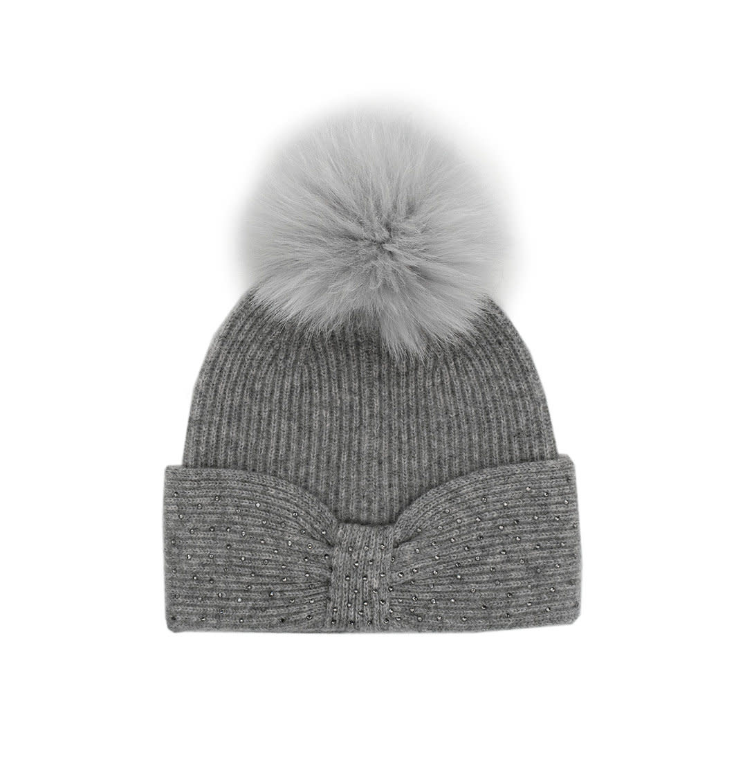 Tuque Grey Knit Hat Front Bow & Fox Pom