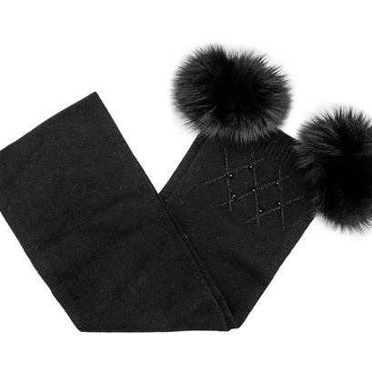 Écharpe tricotée noire avec pompon en fourrure de renard SCIM78