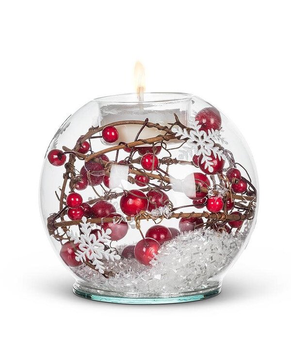 Boule à neige bougeoir baies rouges/ Red berry & snow ball votive
