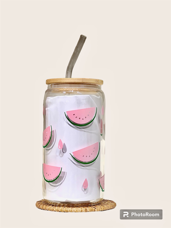 Coffeeshopnco Tasse et paille en verre avec couvercle en bambou Melon d'eau