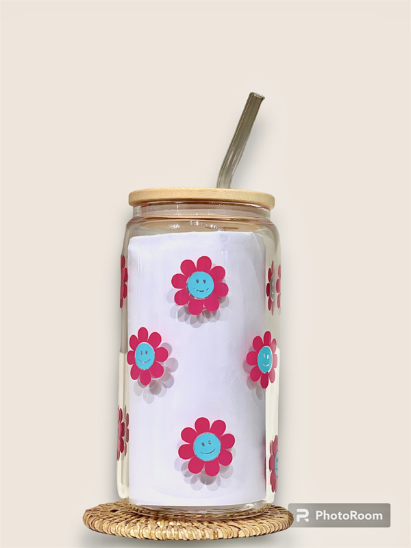 Coffeeshopnco Tasse et paille en verre avec couvercle en bambou Fleurs Souriantes