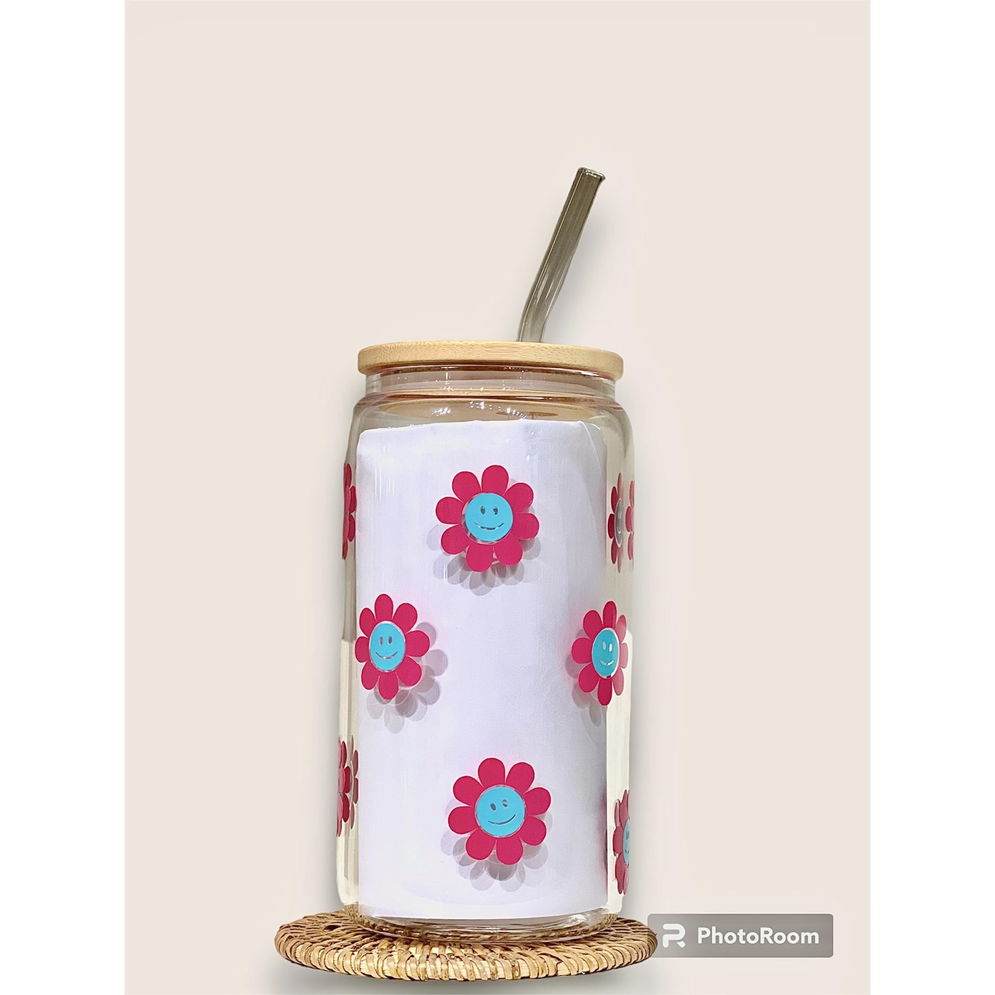 Tasse et paille en verre avec couvercle en bambou Fleurs Souriantes