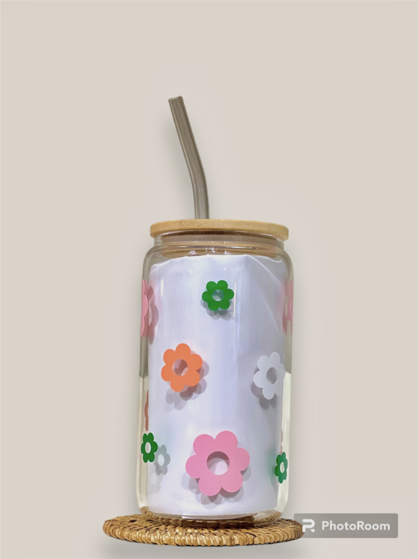 Coffeeshopnco Tasse et paille en verre avec couvercle en bambou Fleurs Multi