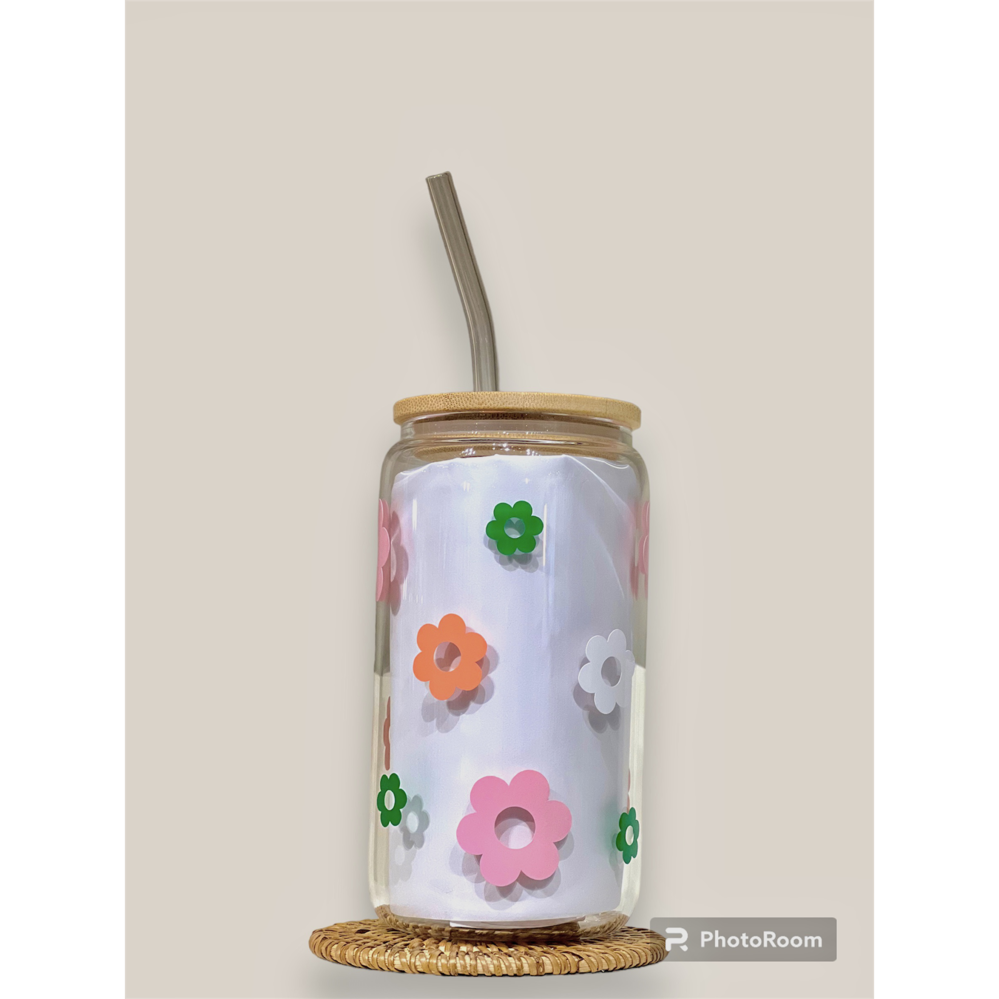 Tasse et paille en verre avec couvercle en bambou Fleurs Multi