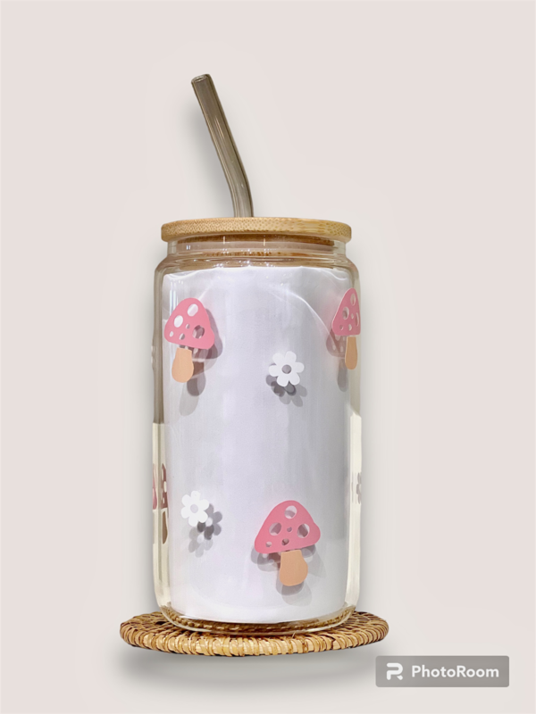 Coffeeshopnco Tasse et paille en verre avec couvercle en bambou Champignons