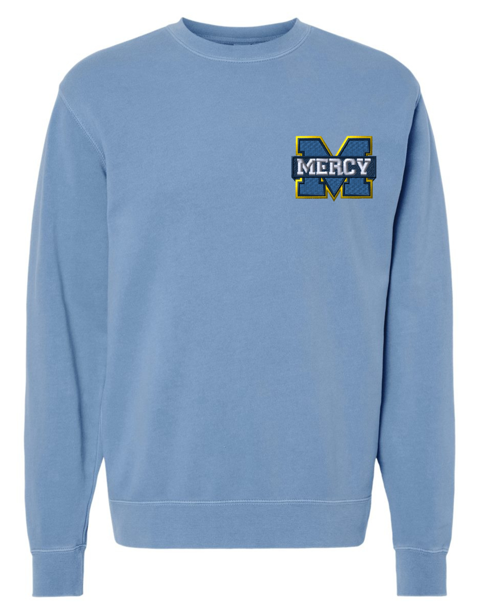 Independent Pigment Dyed Light Blue Crewneck Embroidered Power M