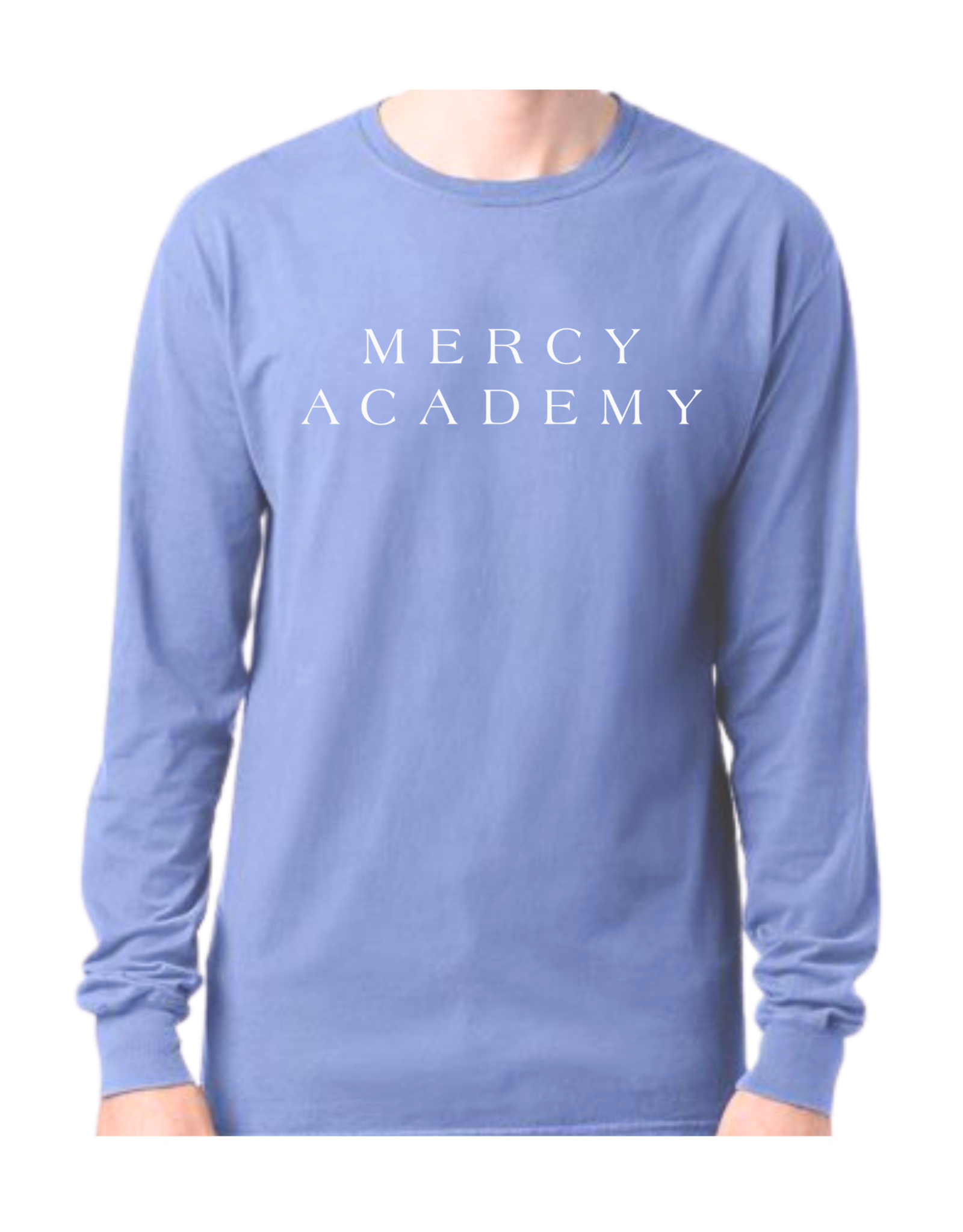 Comfort Wash Dusty Blue "MERCY ACADEMY" Seaside Font Long-sleeve Tee