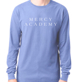 Comfort Wash Dusty Blue "MERCY ACADEMY" Seaside Font Long-sleeve Tee