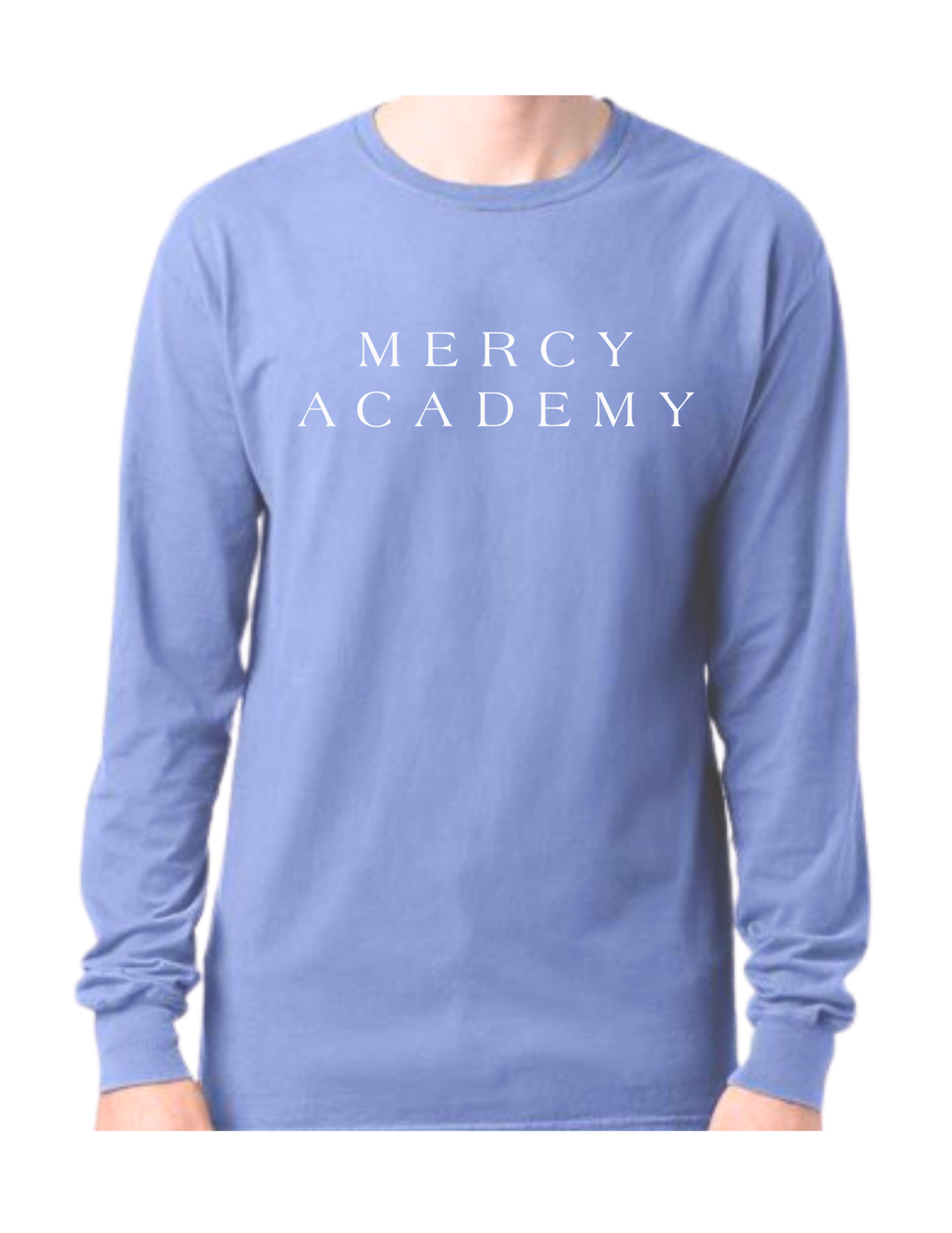 Comfort Wash Dusty Blue MERCY ACADEMY Seaside Font Long sleeve Tee Mercy Academy Campus Store