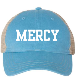 Richardson Columbia Blue Garment-Washed Trucker Cap white embroidered MERCY