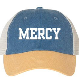 Sportsman Garment-Washed Trucker Cap Mustard/Denim White MERCY Embroidered