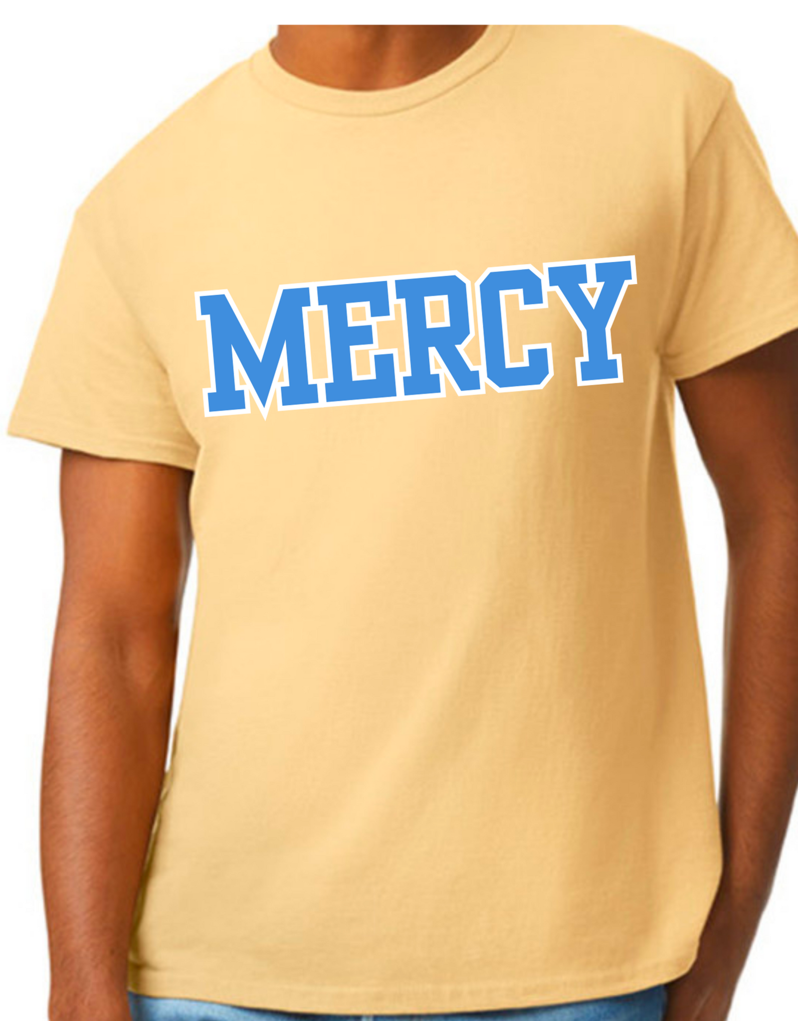 Gildan Yellow T "MERCY" In blue white outline