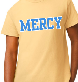 Gildan Yellow T "MERCY" In blue white outline