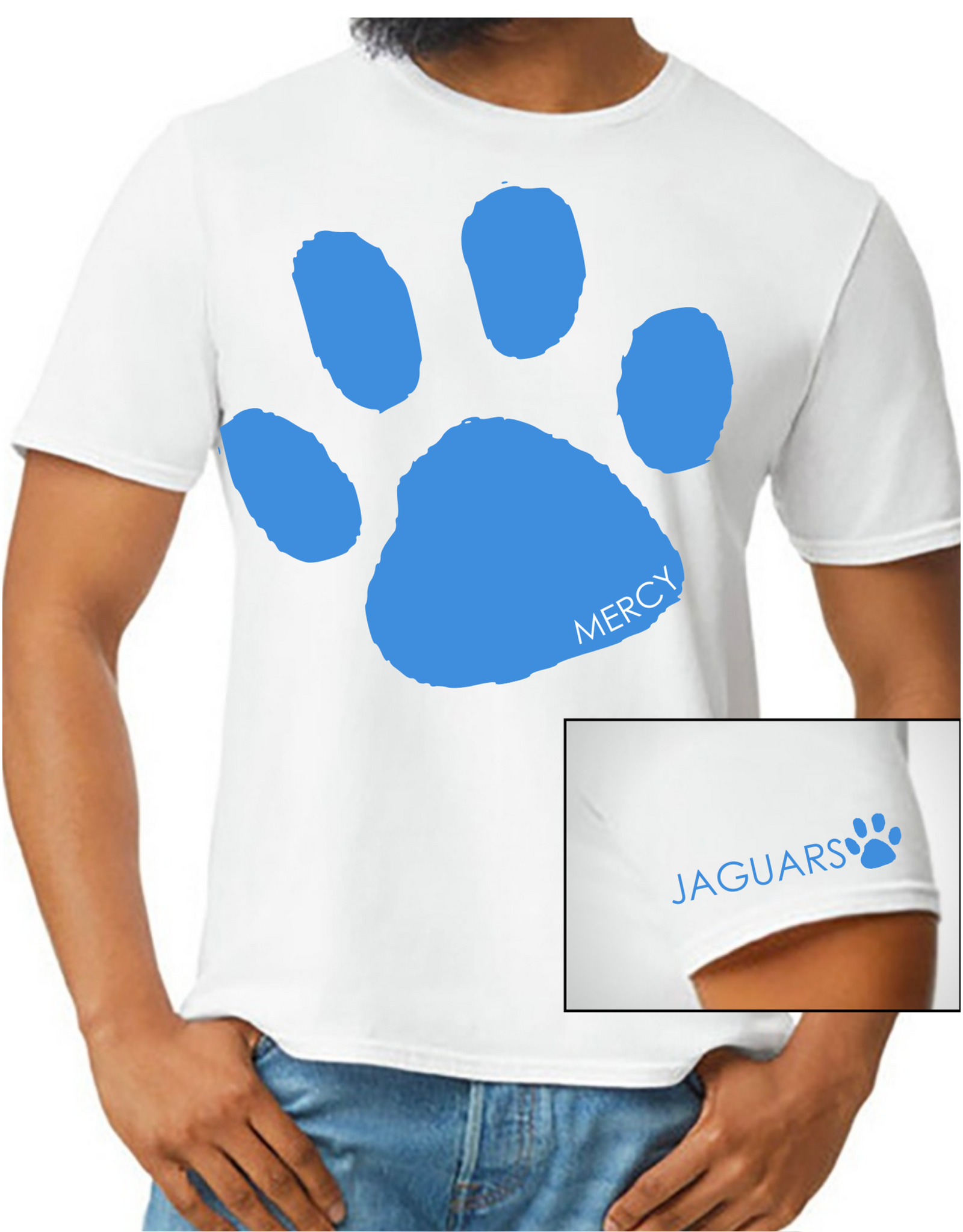 Gildan White Tee Blue Paw Print "Jaguars" on sleeve