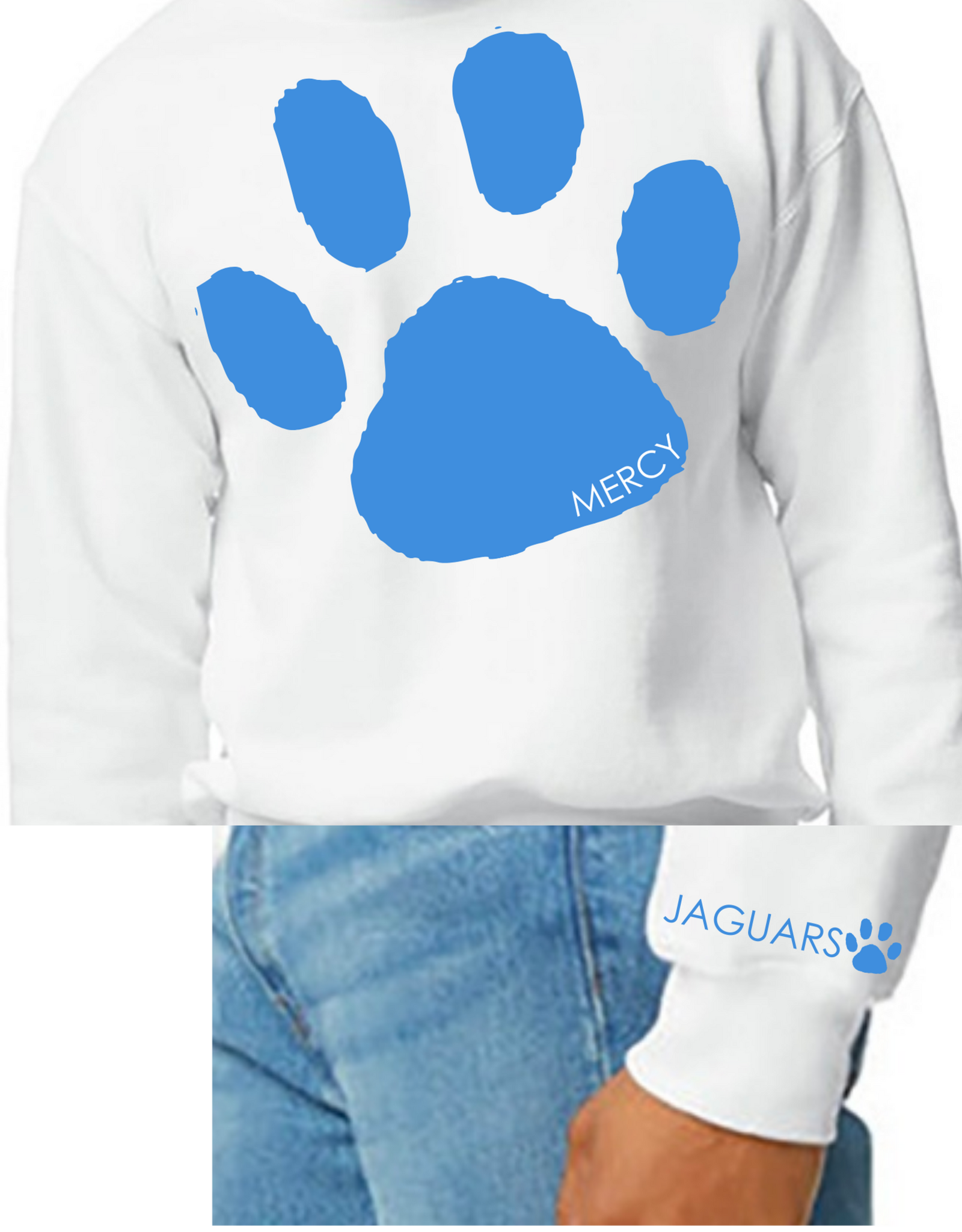 Gildan White Crewneck Blue Paw Print "Jaguars" on sleeve