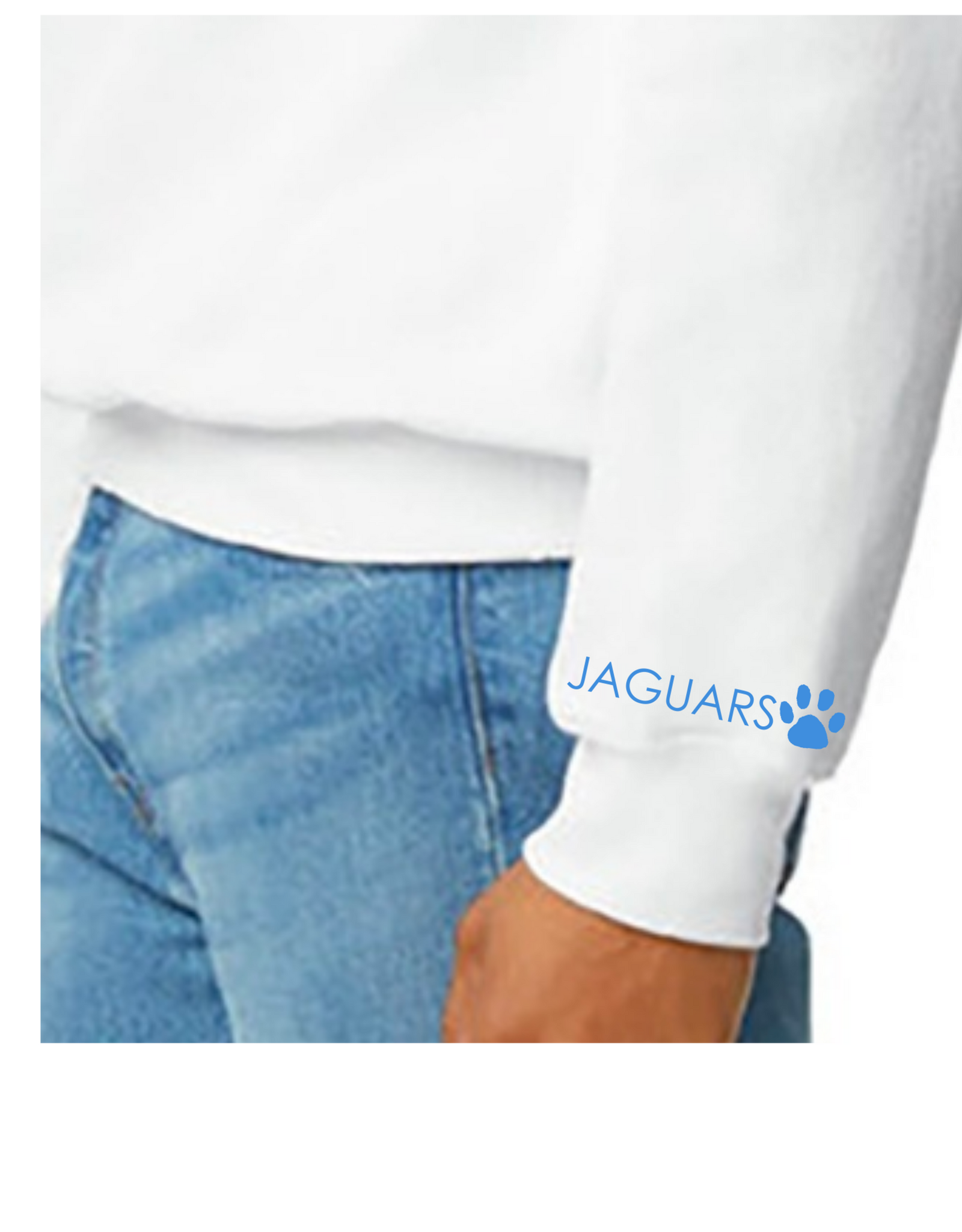 Gildan White Crewneck Blue Paw Print "Jaguars" on sleeve