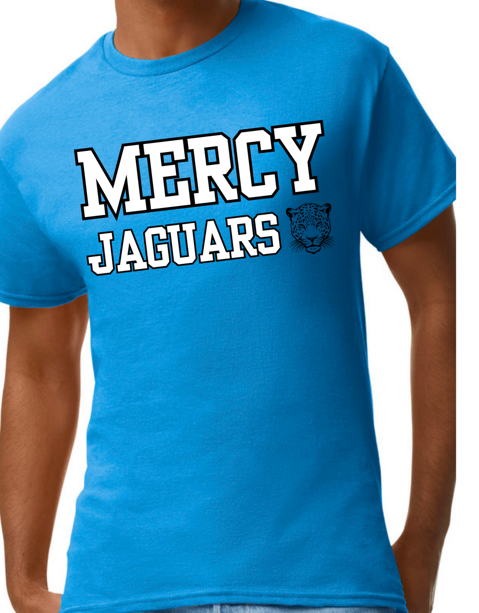 Gildan Blue Tee "Mercy Jaguars" in white, jaguar head