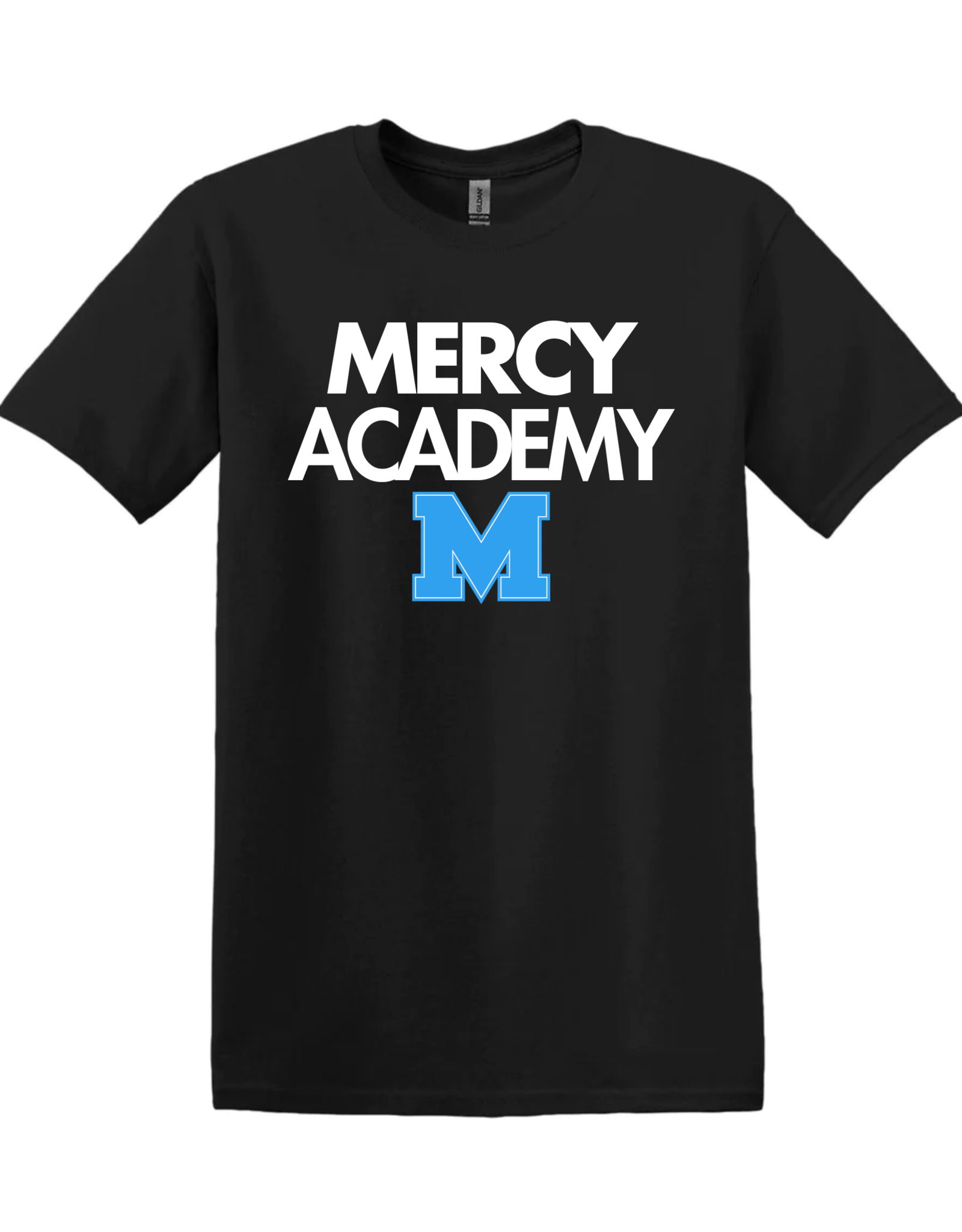 Gildan Black Tee "Mercy Academy" in White Blue Power M