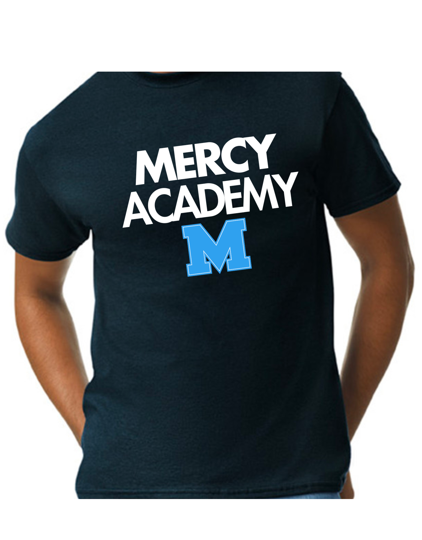 Gildan Black Tee "Mercy Academy" in White Blue Power M