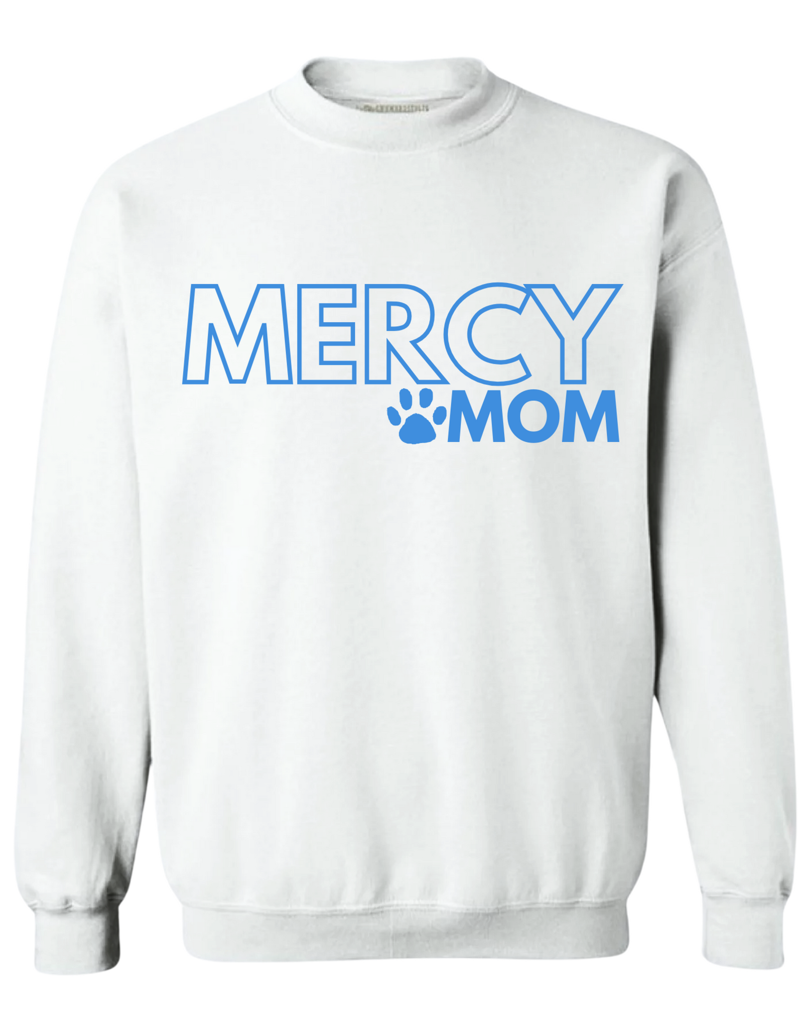 Gildan "MERCY MOM"White Crewneck Blue Writing