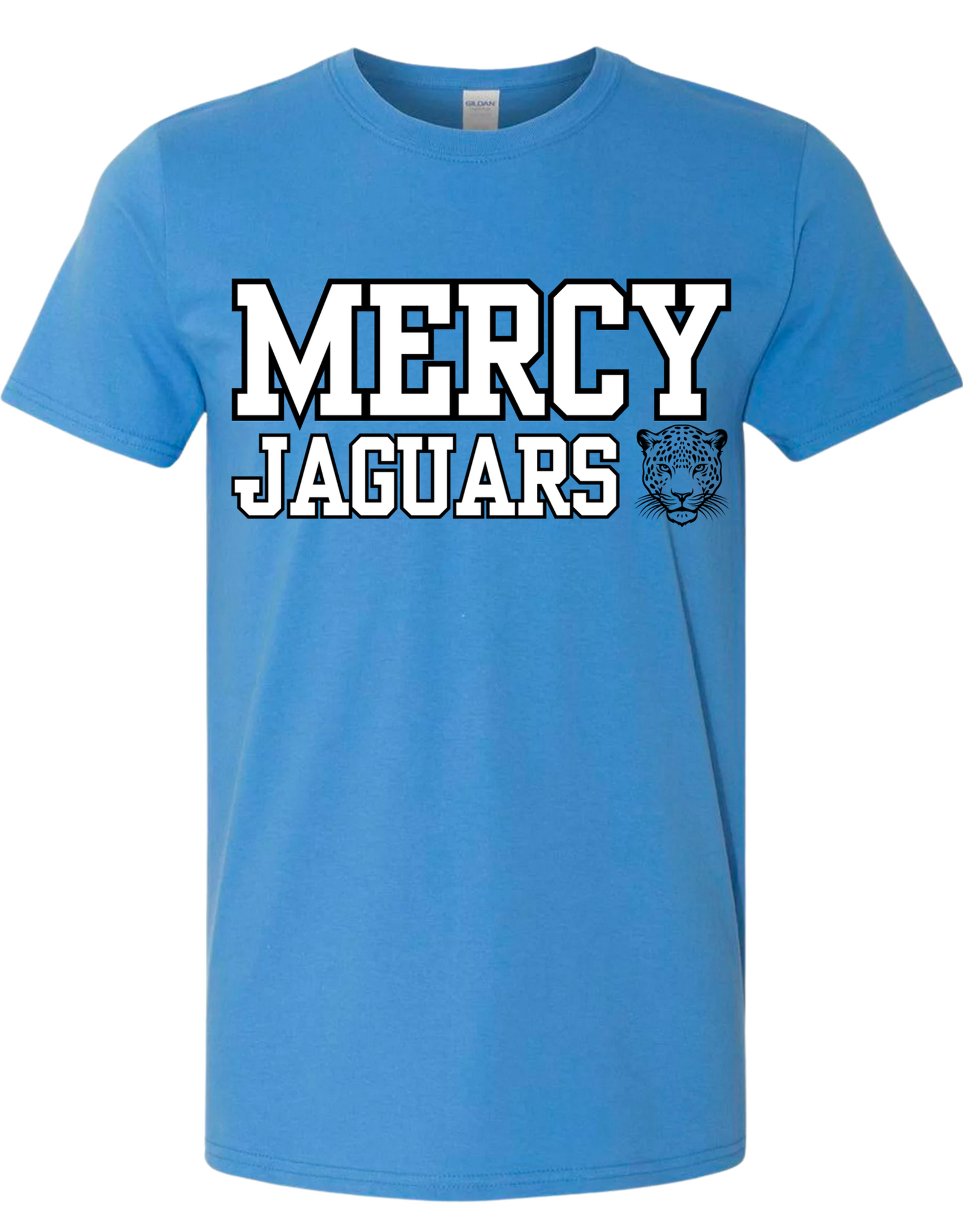 Gildan Blue Tee "Mercy Jaguars" in white, jaguar head