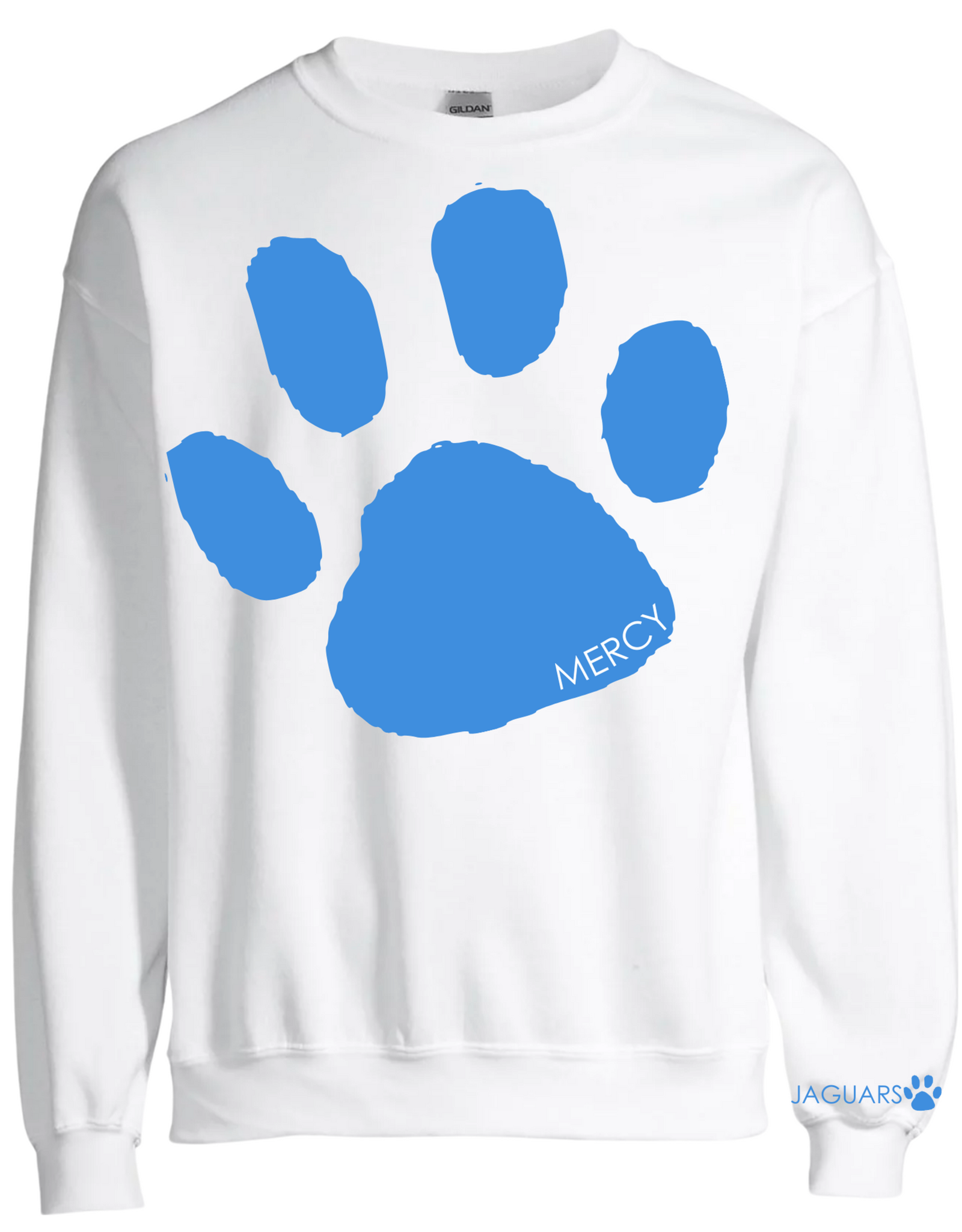 Gildan White Crewneck Blue Paw Print "Jaguars" on sleeve