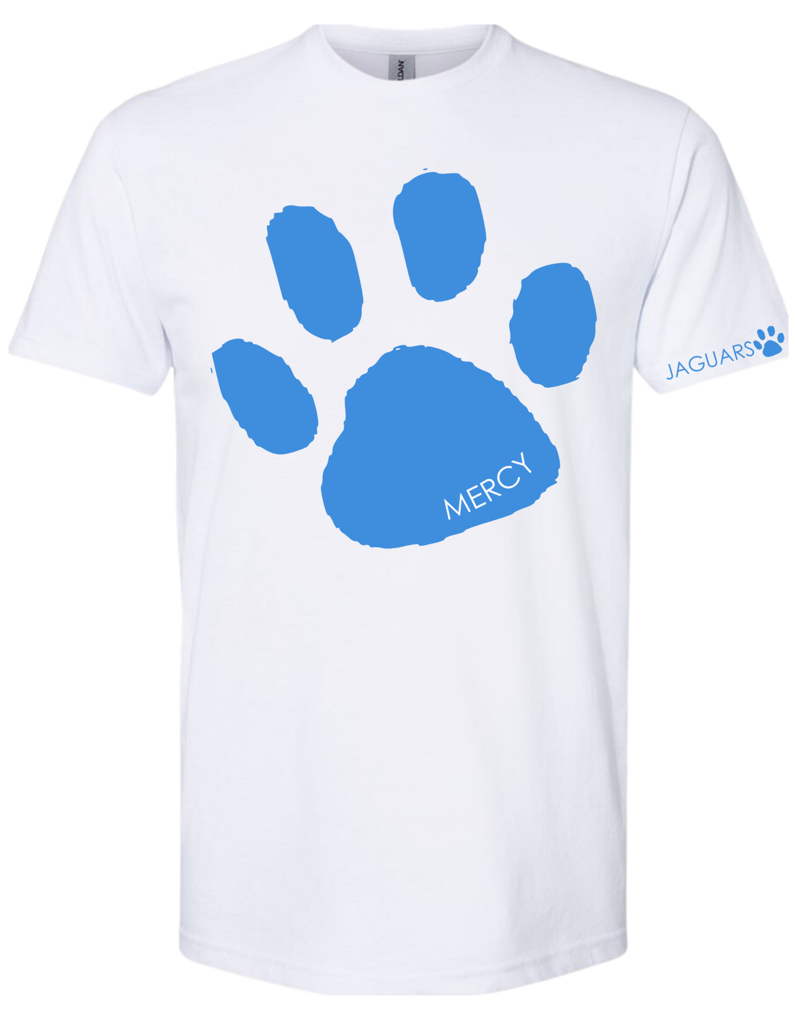 Gildan White Tee Blue Paw Print "Jaguars" on sleeve