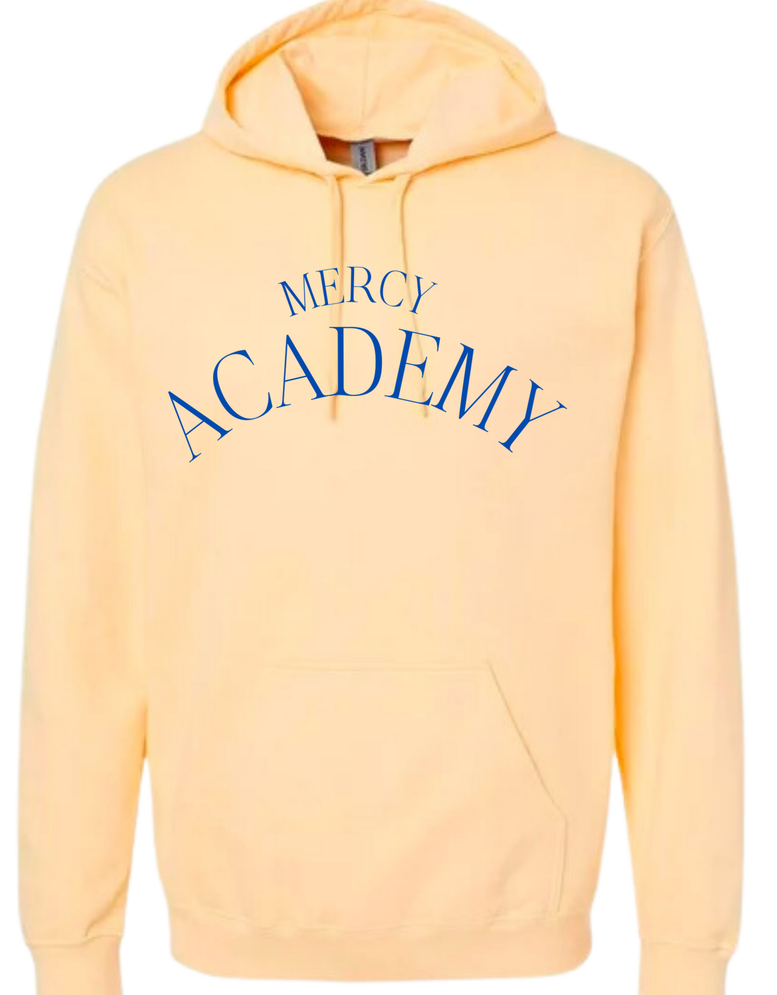 Gildan Yellow Hoodie "MERCY ACADEMY" classic font, arched