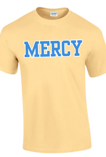 Gildan Yellow T "MERCY" In blue white outline