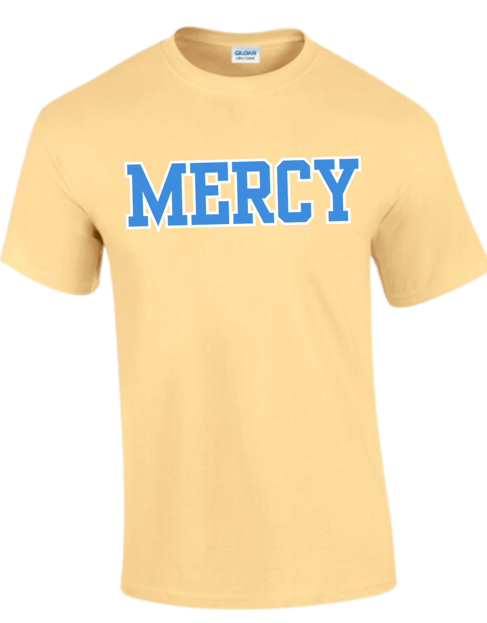 Gildan Yellow T "MERCY" In blue white outline