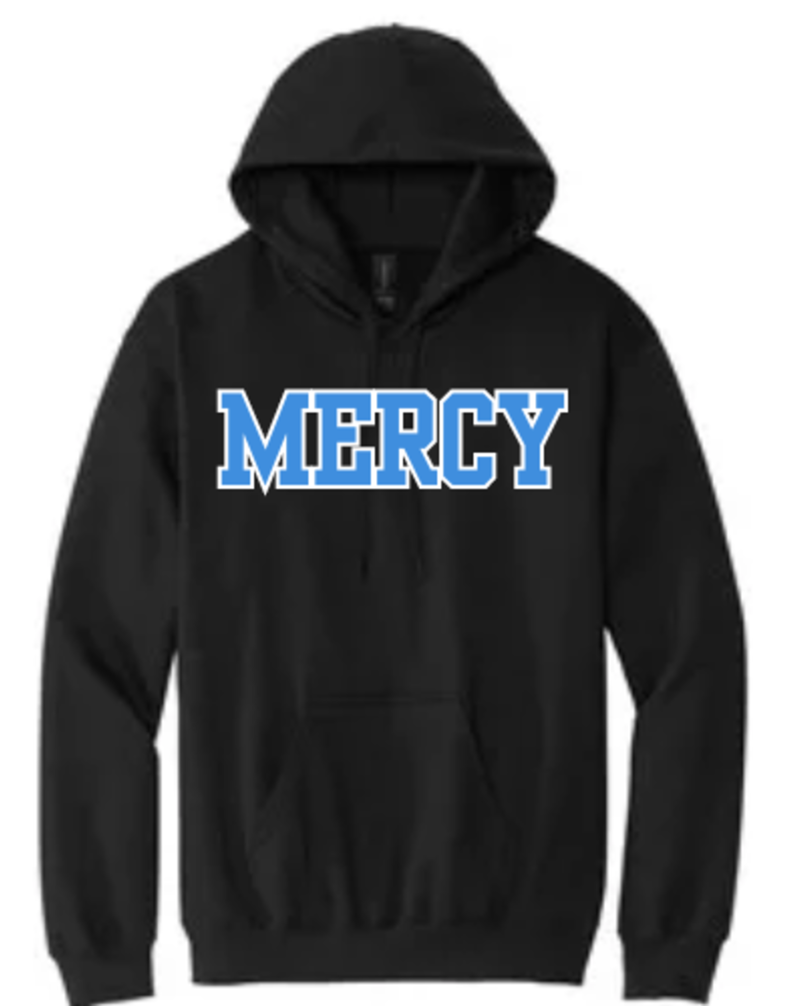 Gildan Black Hoodie "MERCY" in blue white outline