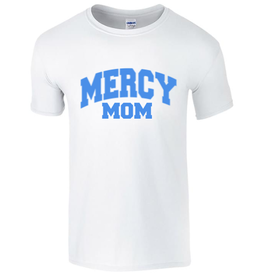 Gildan "Mercy Mom" in blue writing white tee