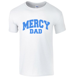 Gildan "Mercy Dad" in blue writing white tee