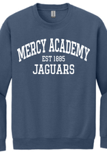 Gildan Indigo Blue Crewneck with MERCY ACADEMY 1885 Jaguars in white