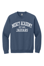 Gildan Indigo Blue Crewneck with MERCY ACADEMY 1885 Jaguars in white