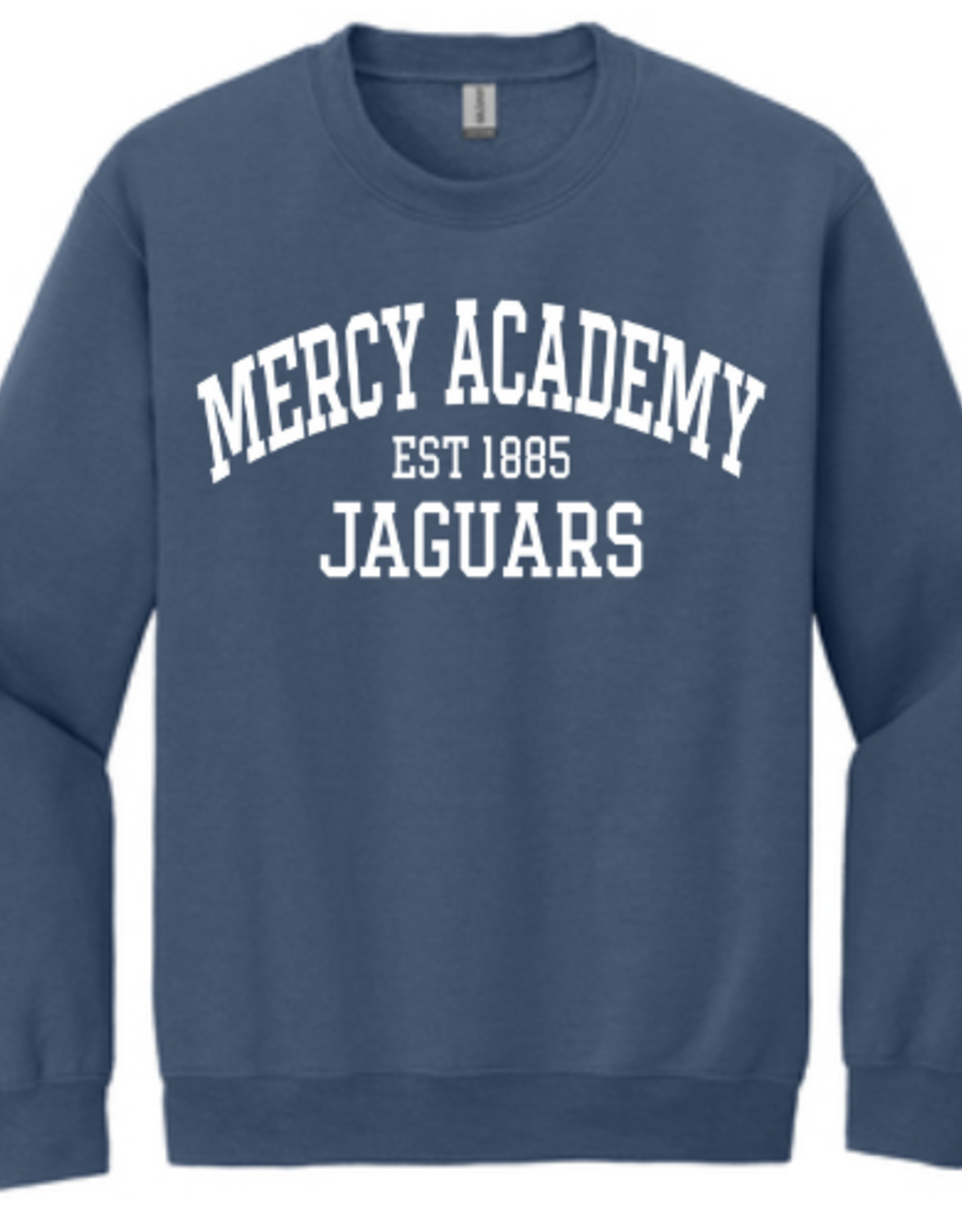 Gildan Indigo Blue Crewneck with MERCY ACADEMY 1885 Jaguars in white