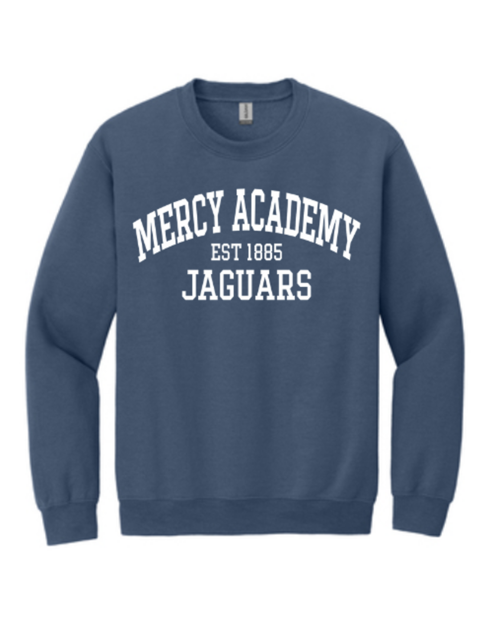 Gildan Indigo Blue Crewneck with MERCY ACADEMY 1885 Jaguars in white