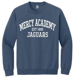Gildan Indigo Blue Crewneck with MERCY ACADEMY 1885 Jaguars in white