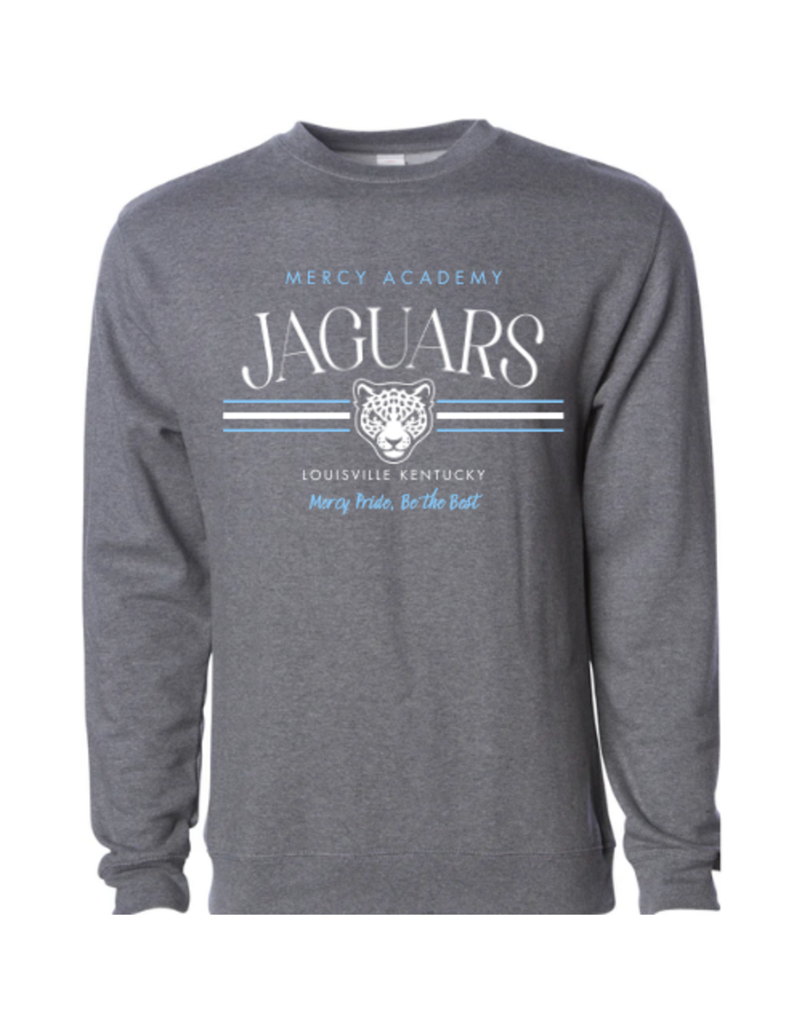 Independent Dark Grey Crewneck with Mercy Academy Jaguars "Mercy Pride, Be the Best"